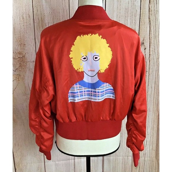 Max Martin Red Satiny Cropped Bomber Jacket Sz L - Picture 10 of 12